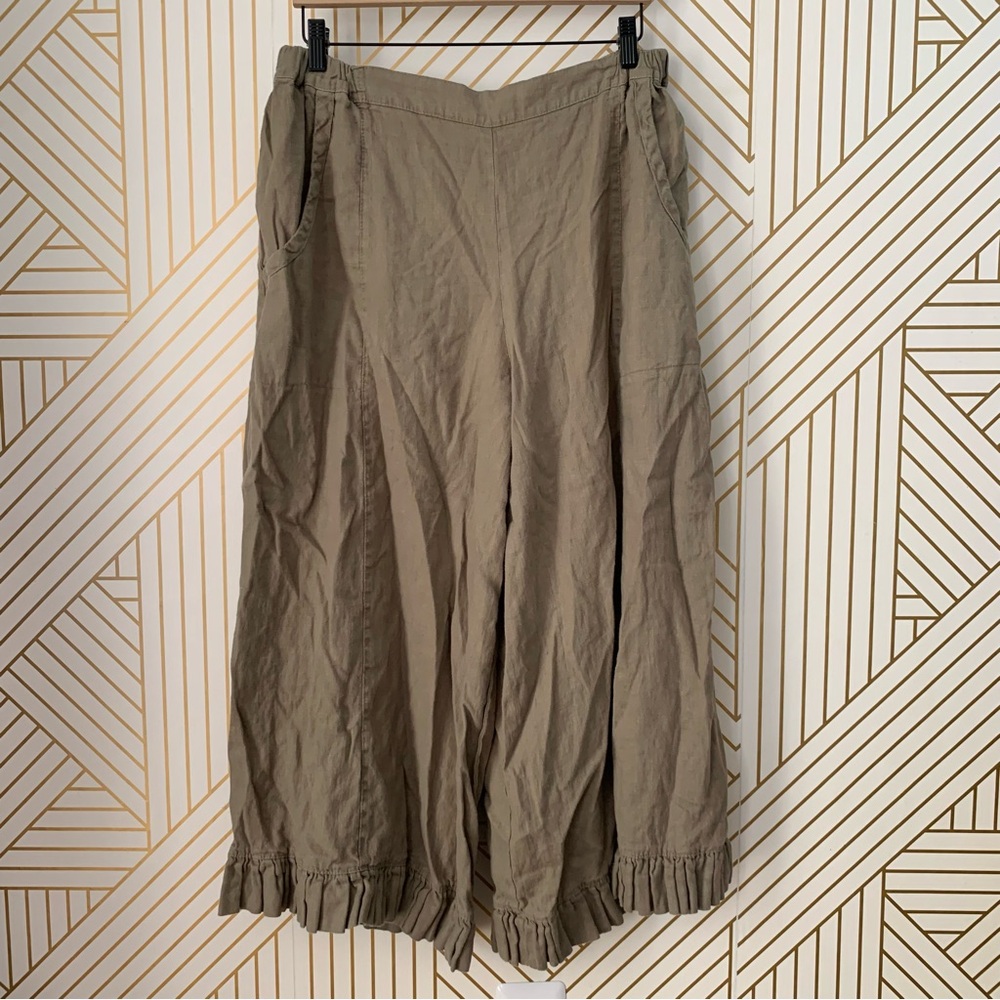 Heart’s Desire by Mary Grace Garbo Lagenlook Wide Leg Ruffle Bottom Linen Pant L - Picture 2 of 9